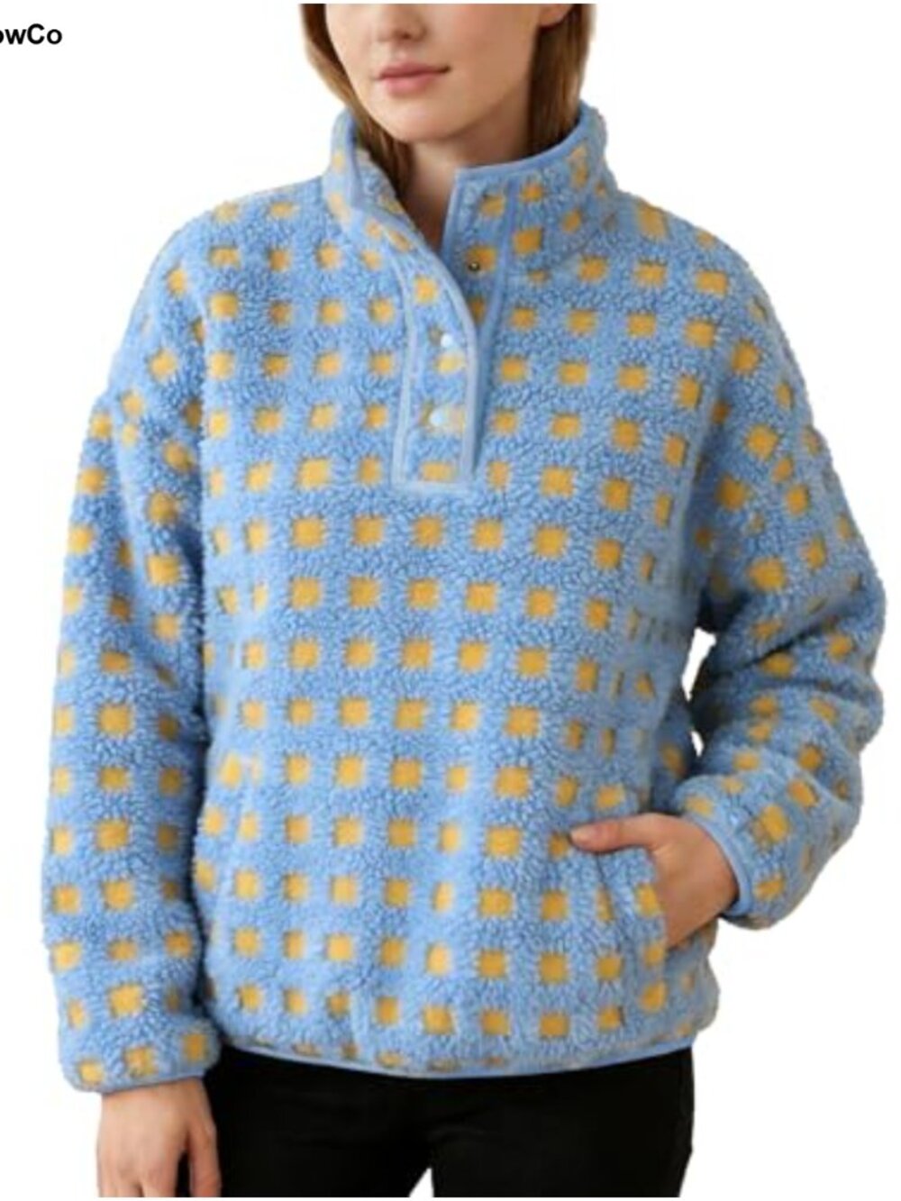 Fleece Checkered Sweatshirt Long Sleeve High Neck Sherpa Hoodie Plaid Pullover